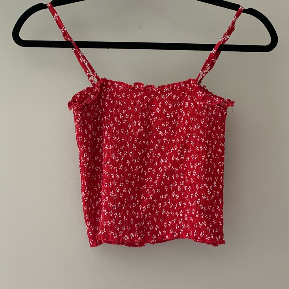 Red floral fringed tank crop top